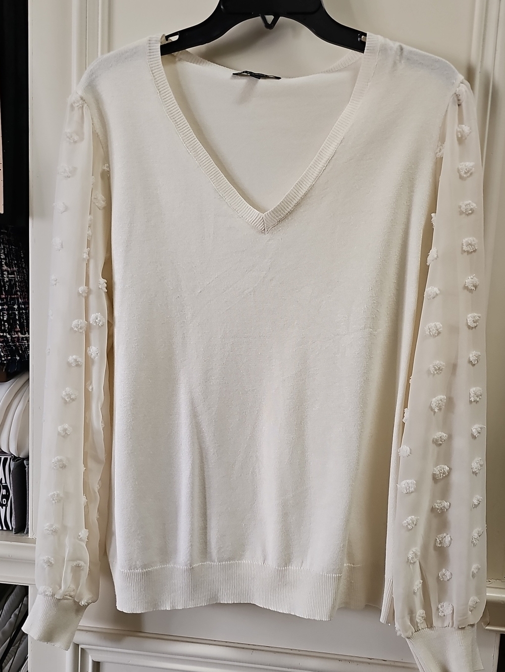 Adrianna Papell Ivory V-Neck Sweater with Pom-Pom Sheer Sleeves